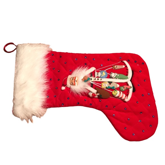 Vintage Quilted Sequin Santa Animals Pets Christmas Stocking Fur Cuff 18" Kitsch - Picture 6 of 14